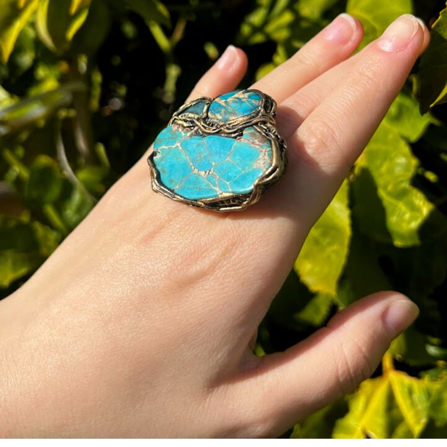 Blue Turquoise and Jasper Large Stone Chunky Ring, Oversized Cocktail Ring