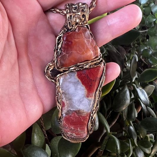 Red Jasper & Carnelian pendant, raw crystal necklace, orange large stone PENDANT