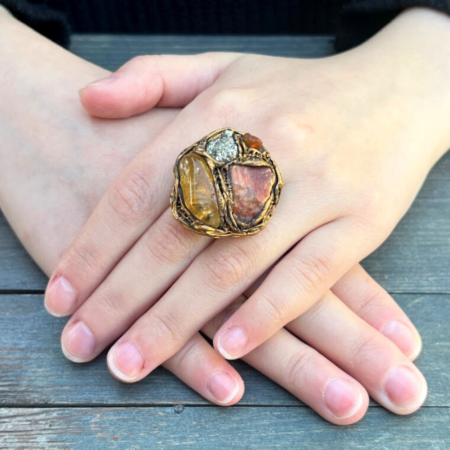 Citrine, Pyrite & Sunstone Raw Good Luck Crystal Ring