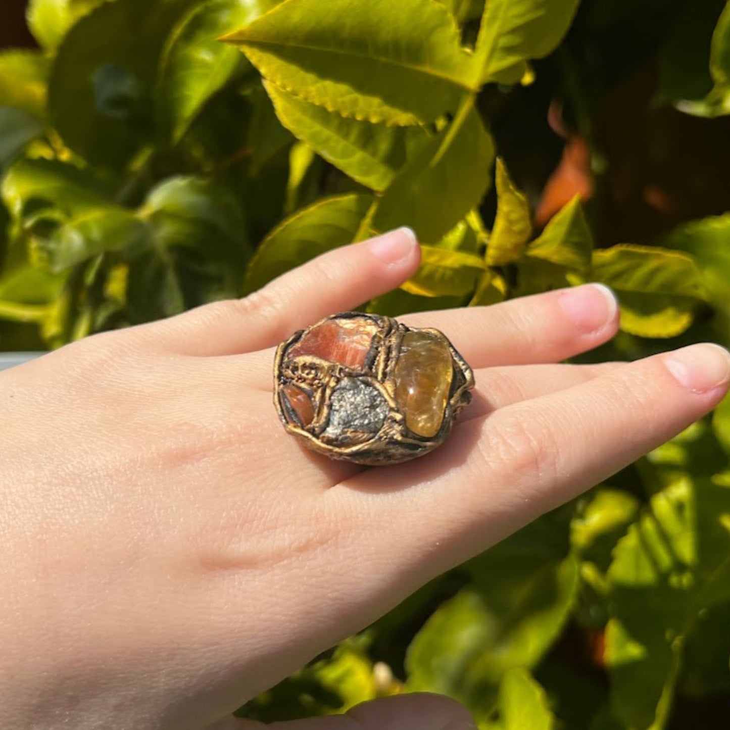 Citrine, Pyrite & Sunstone Raw Good Luck Crystal Ring