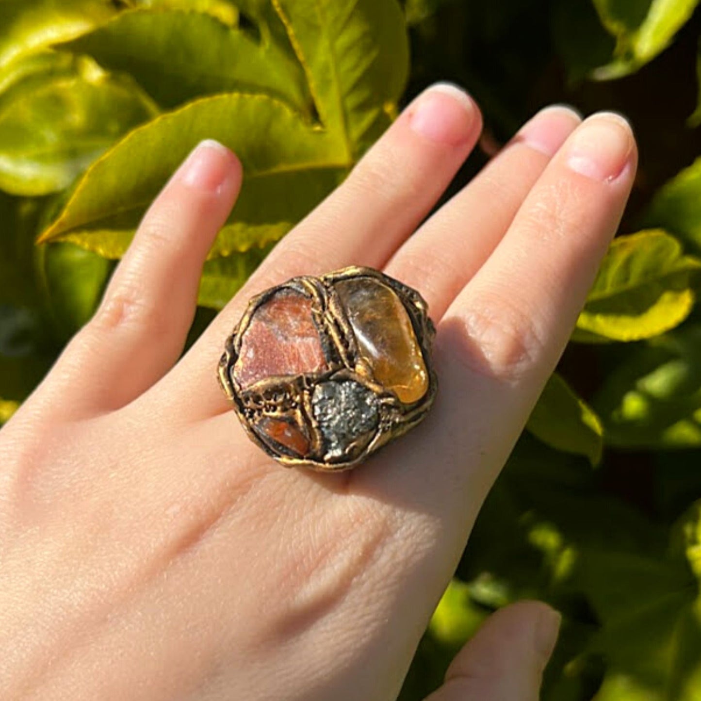 Citrine, Pyrite & Sunstone Raw Good Luck Crystal Ring