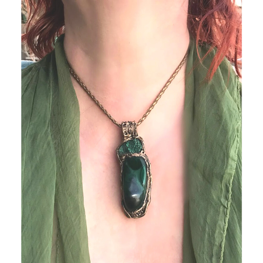 Malachite necklace, large stone pendant