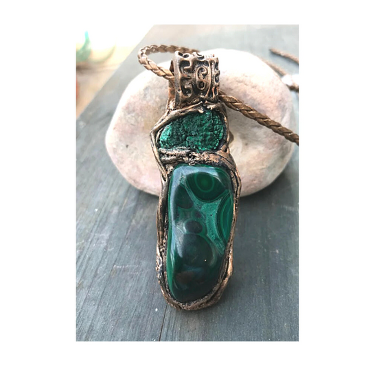 Malachite necklace, large stone pendant