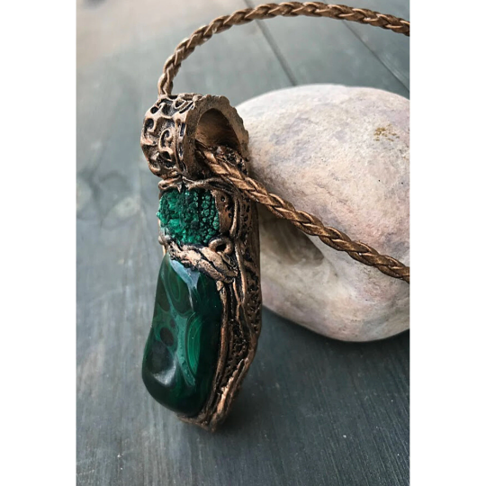 Malachite necklace, large stone pendant