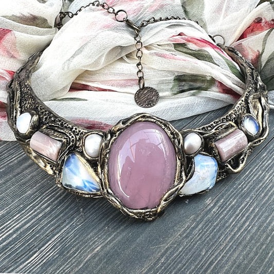 Rose quartz statement necklace, Opal choker, Sunstone collar, pink bib chunky necklace, love amulet