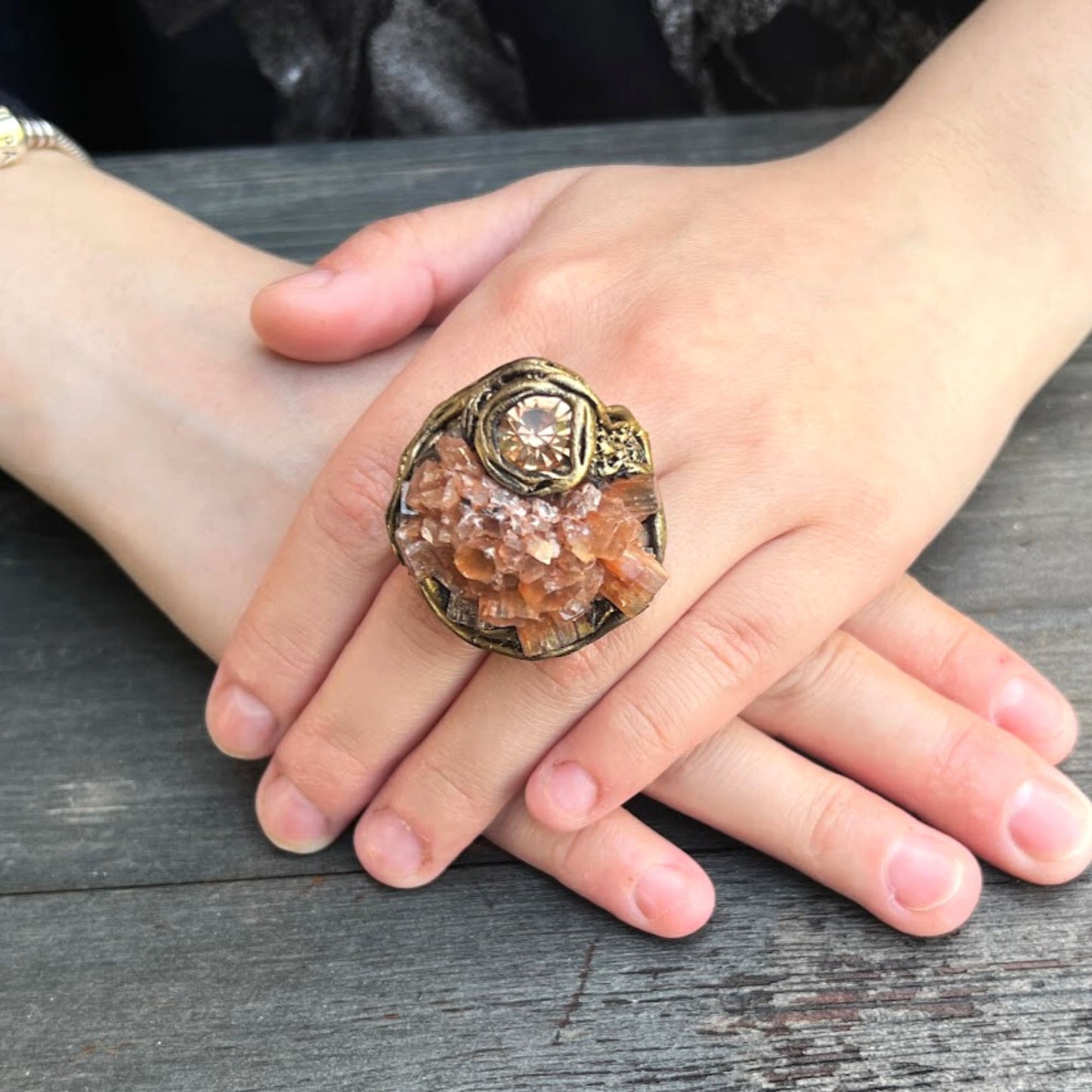 Large raw crystal ring, big stone ring, Aragonite ring