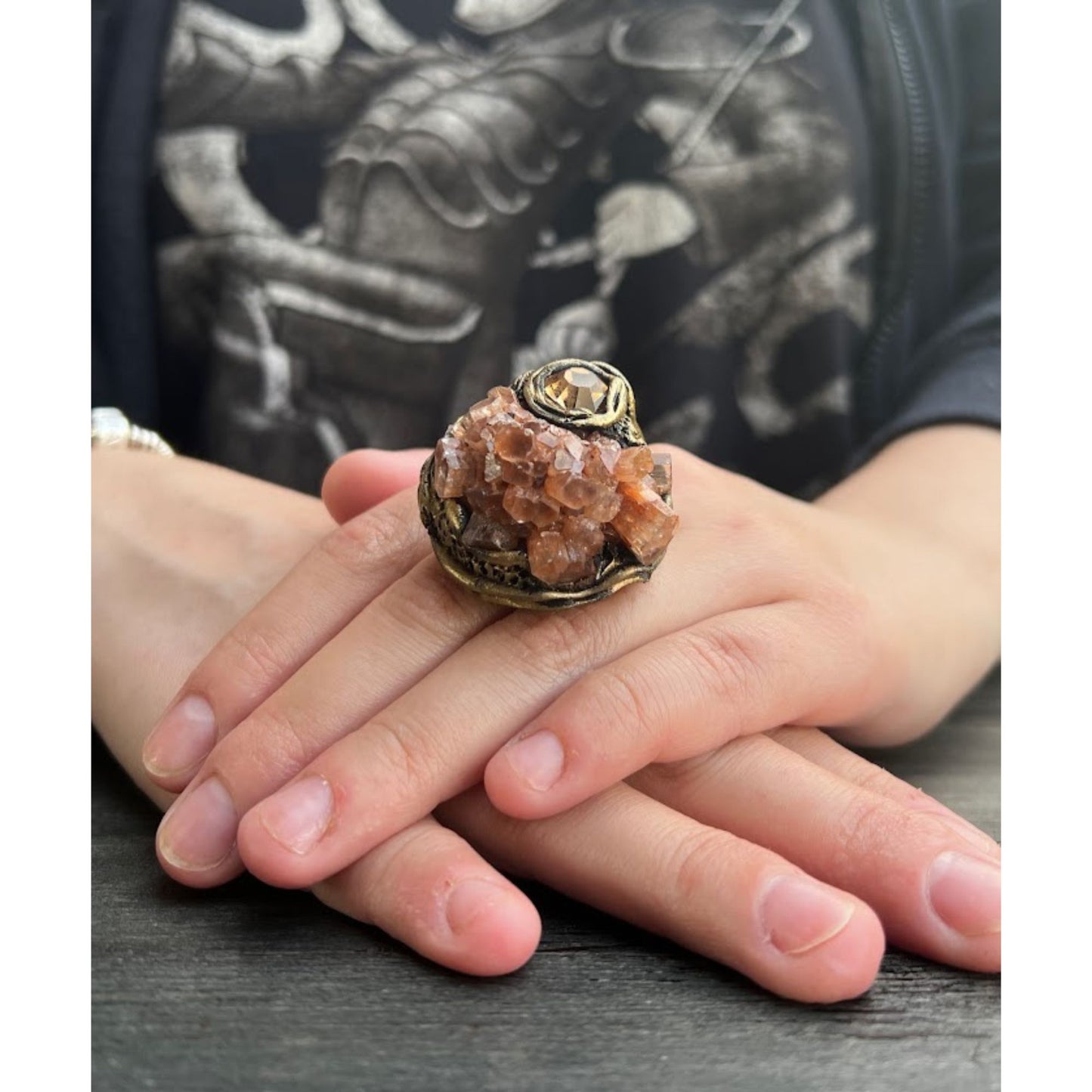 Large raw crystal ring, big stone ring, Aragonite ring