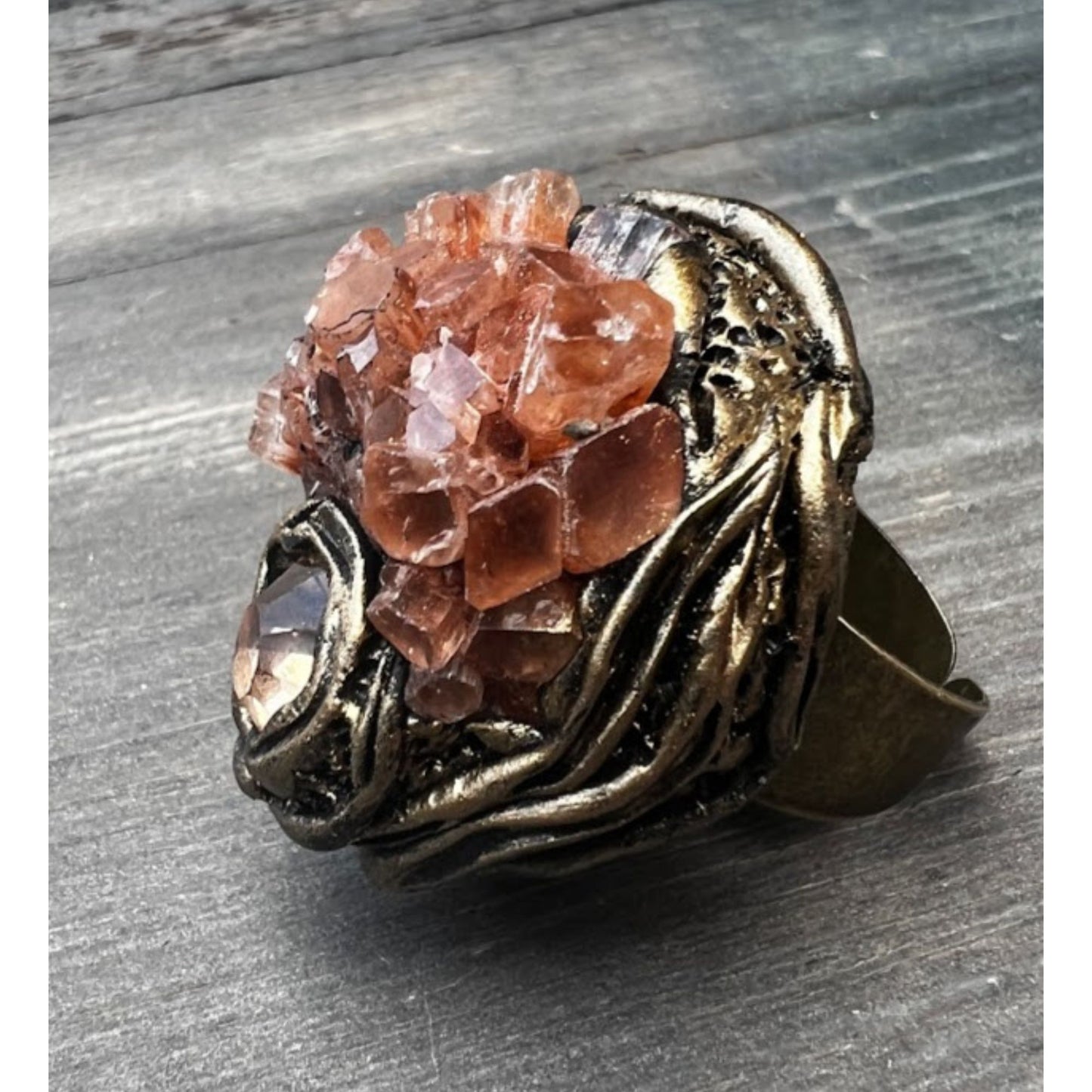 Large raw crystal ring, big stone ring, Aragonite ring