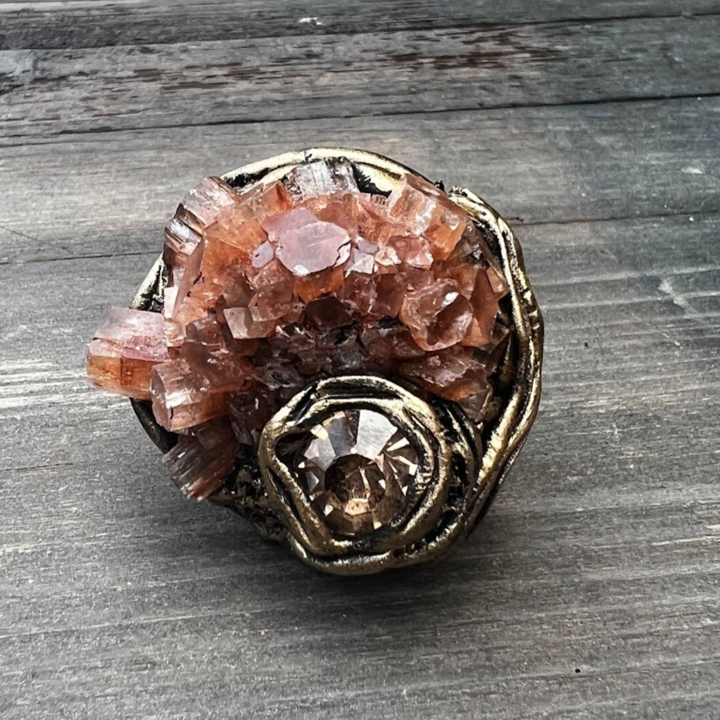 Large raw crystal ring, big stone ring, Aragonite ring