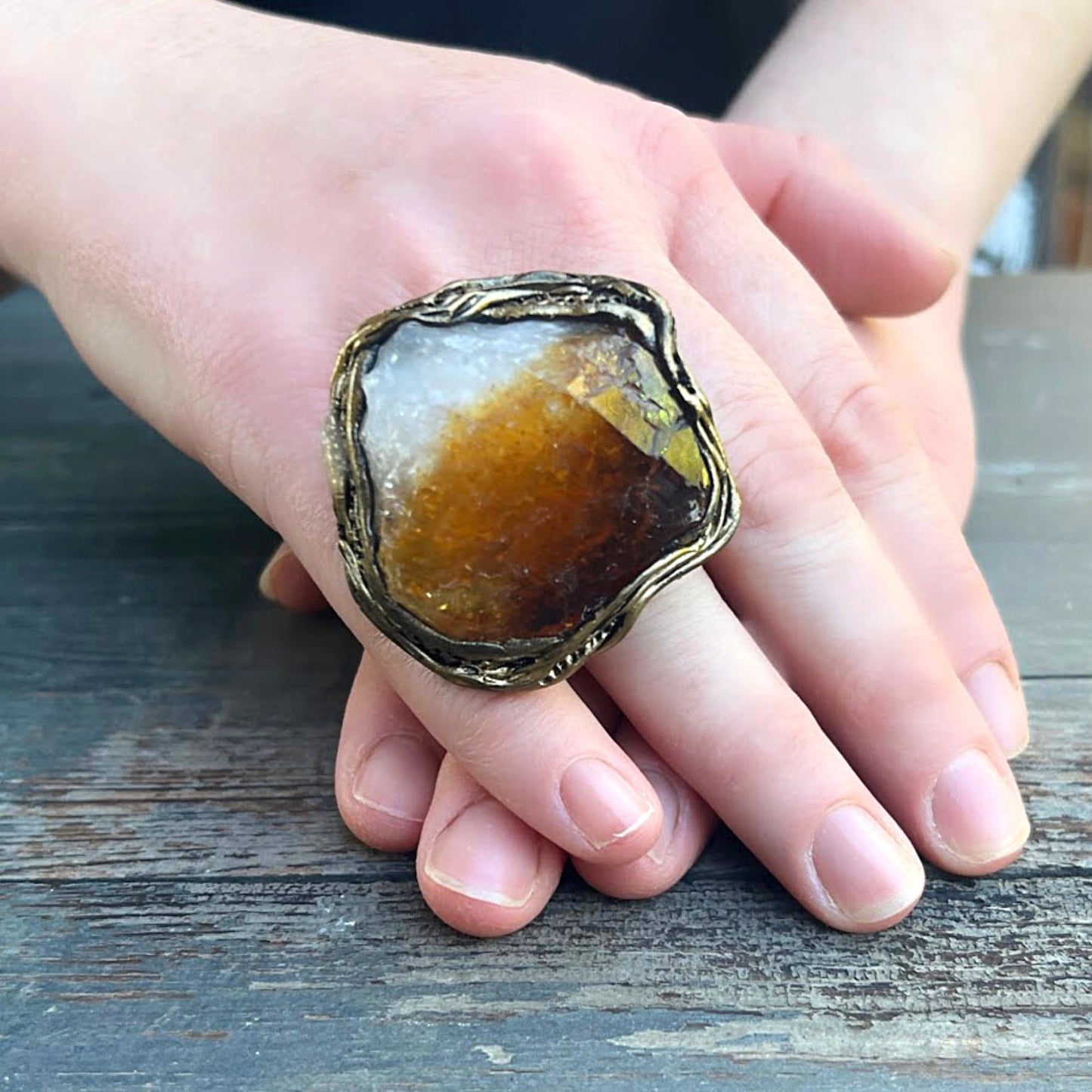 Large Citrine ring, big chunky stone ring, good luck ring