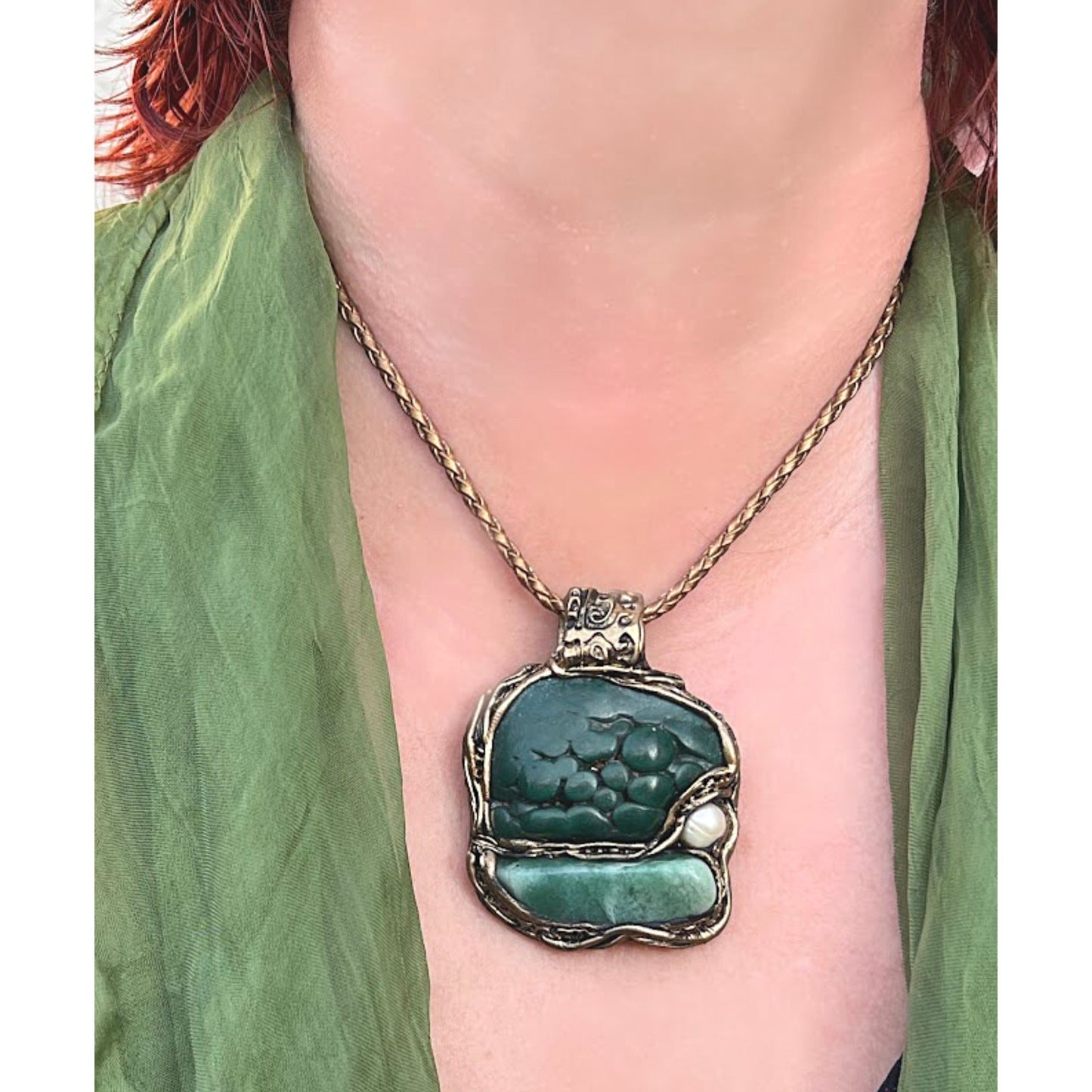 Malachite necklace, green Aventurine necklace, large stone pendant, rare stone necklace