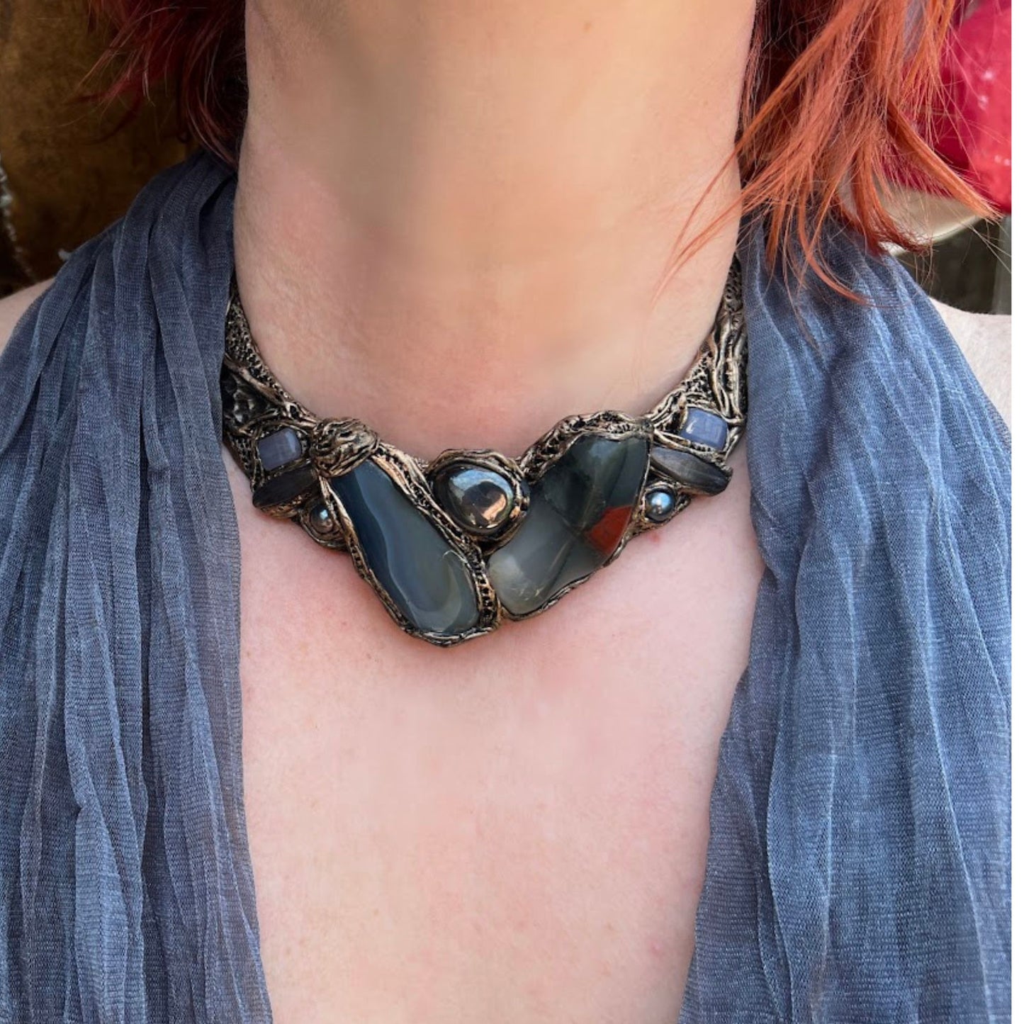 Chunky collar necklace, African Bloodstone Agate Hematite  raw stone choker necklace