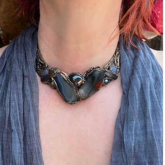 Chunky collar necklace, African Bloodstone Agate Hematite  raw stone choker necklace