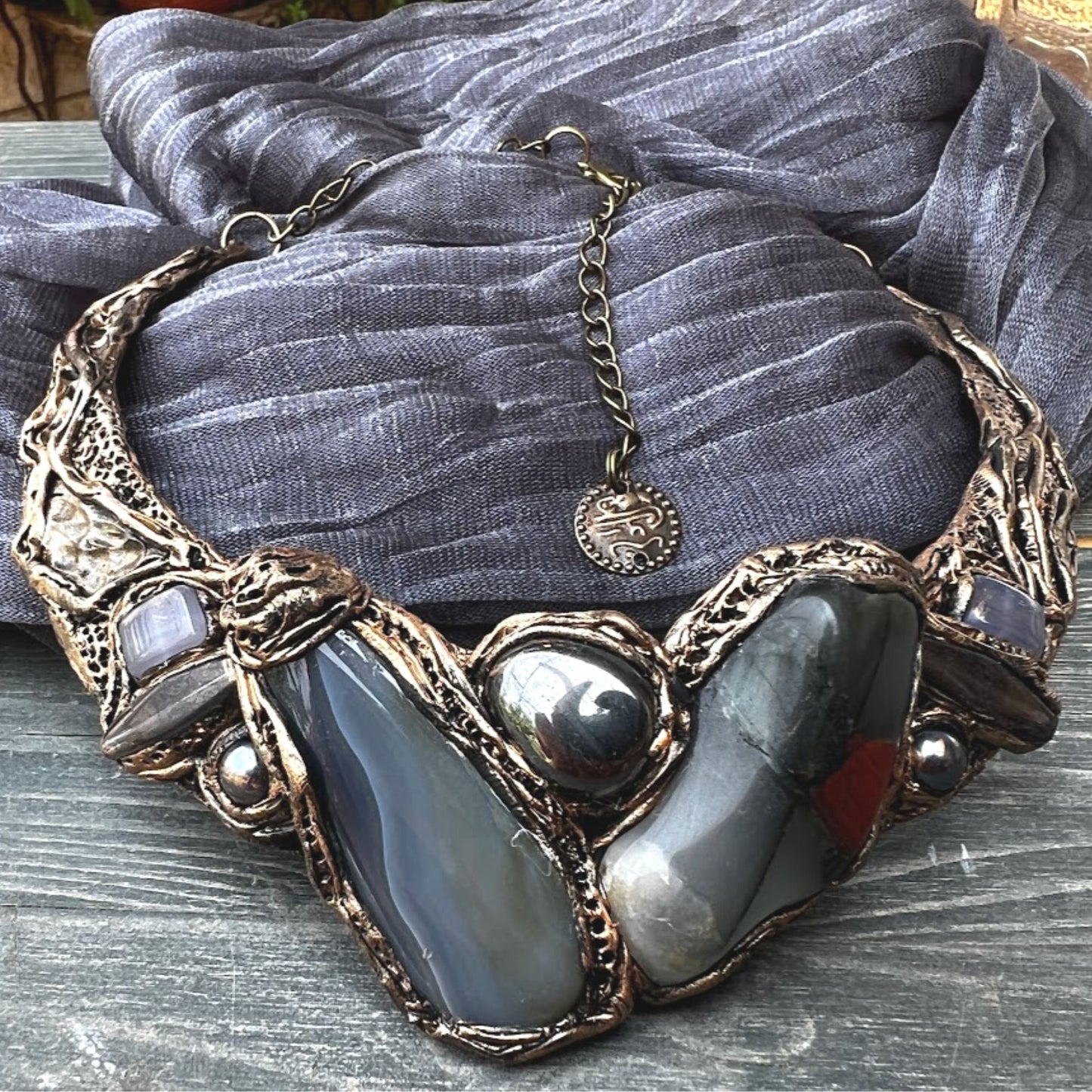 Chunky collar necklace, African Bloodstone Agate Hematite  raw stone choker necklace