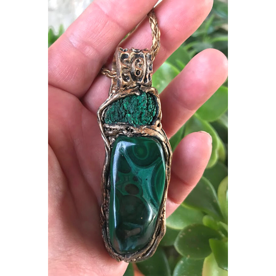 Malachite necklace, large stone pendant