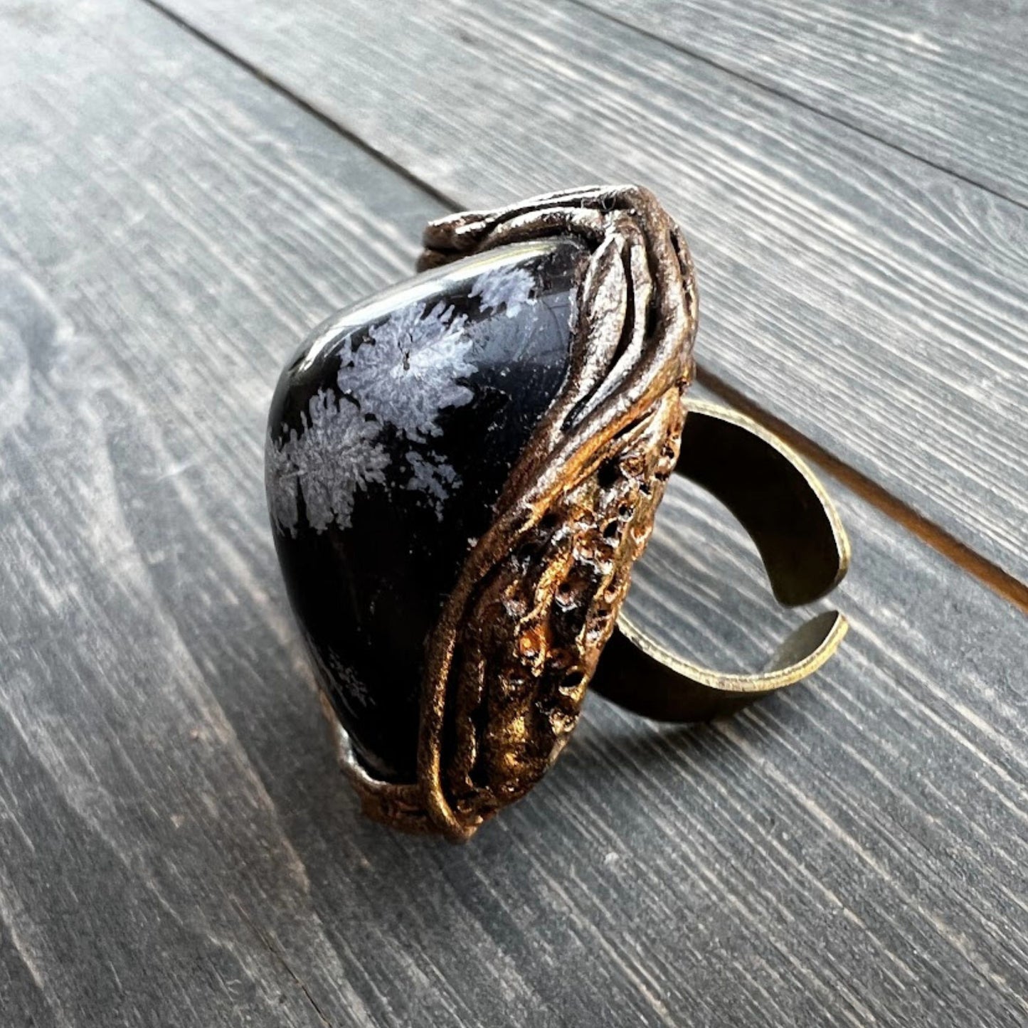 Big black stone ring, Obsidian ring, Hematite ring, chunky cocktail ring