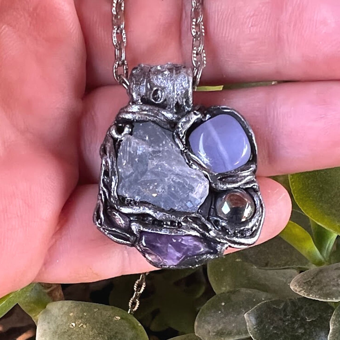 Worry Stone Necklace, Celestite, Hematite, Chalcedony and Amethyst Raw Crystal Necklace