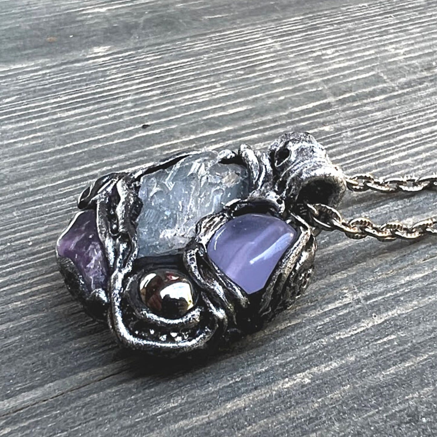 Worry Stone Necklace, Celestite, Hematite, Chalcedony and Amethyst Raw Crystal Necklace