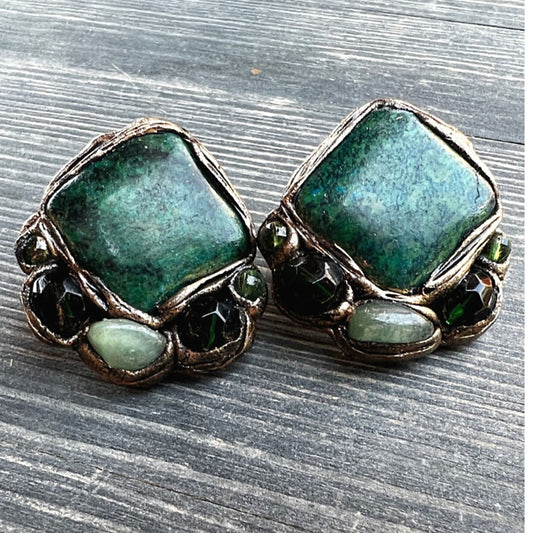 Chrysocolla & Green Aventurine clip on earrings, statement gemstone earrings