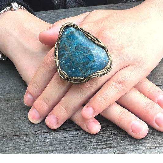 Apatite Chunky Large Blue Stone Ring, Huge Triangle Oversized Cocktail Ring