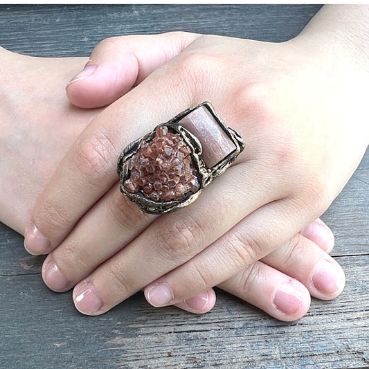 Raw crystal ring, Sunstone ring, Aragonite ring, chunky ring