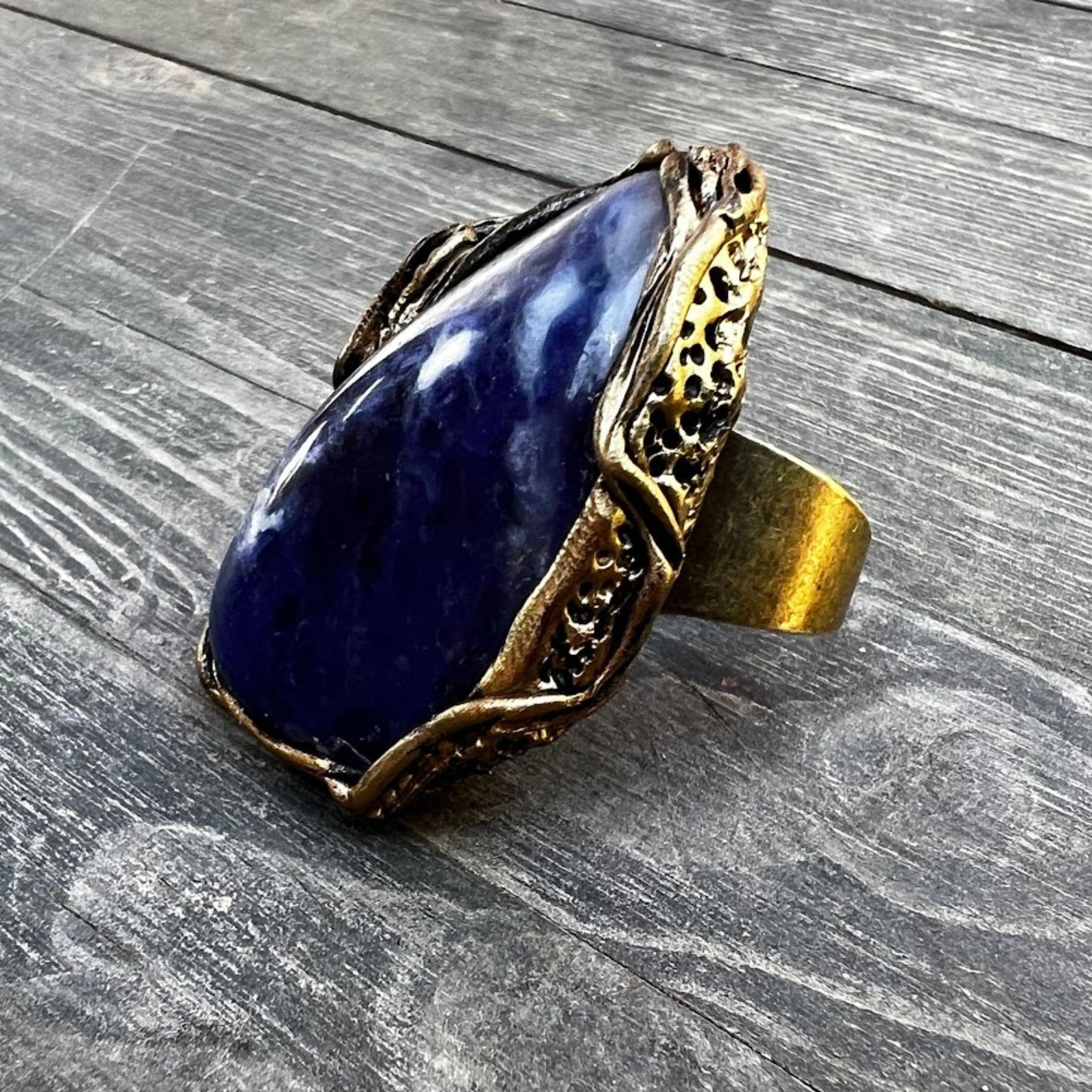 Blue big chunky stone ring, Sodalite ring, statement cocktail ring, large stone ring