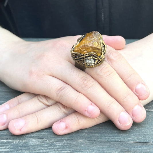 Large raw Citrine & Pyrite ring, big chunky stone ring, good luck ring