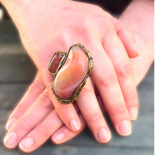 Peach Botswana Agate & Cherry Quartz Large stone ring, big chunky ring