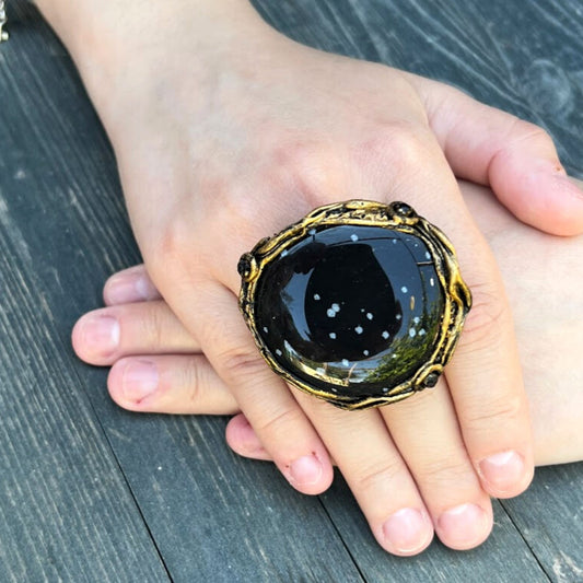 Snowflake Obsidian ring, big rings for women, black chunky stone ring, large cocktail ring