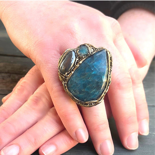 Blue Apatite & Hematite ring