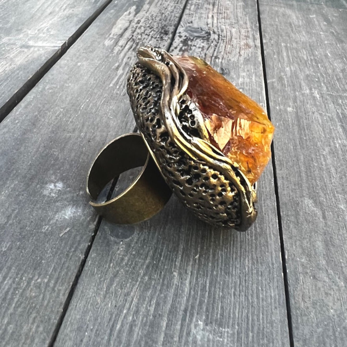 Large Citrine ring, big chunky stone ring, good luck ring