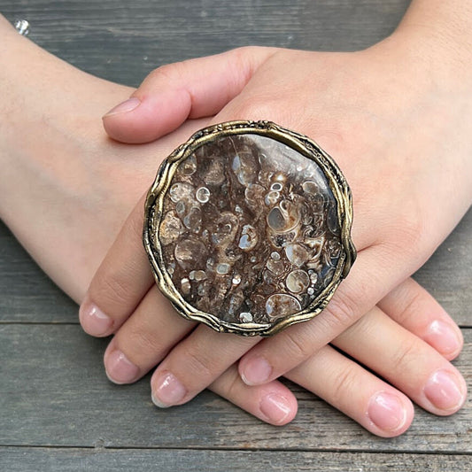 Huge round Turritella Agate ring, Big chunky stone ring, good luck ring