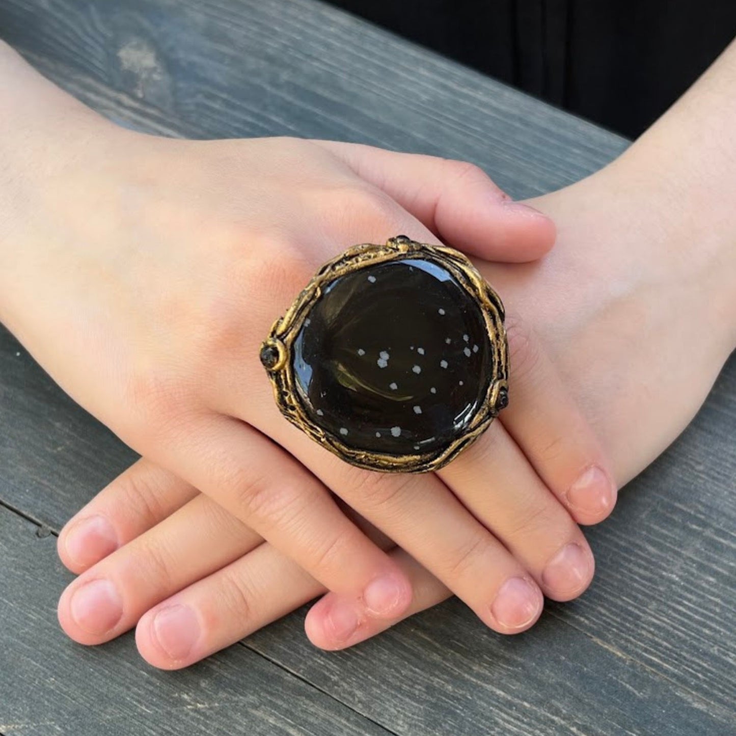 Snowflake Obsidian ring, big rings for women, black chunky stone ring, large cocktail ring