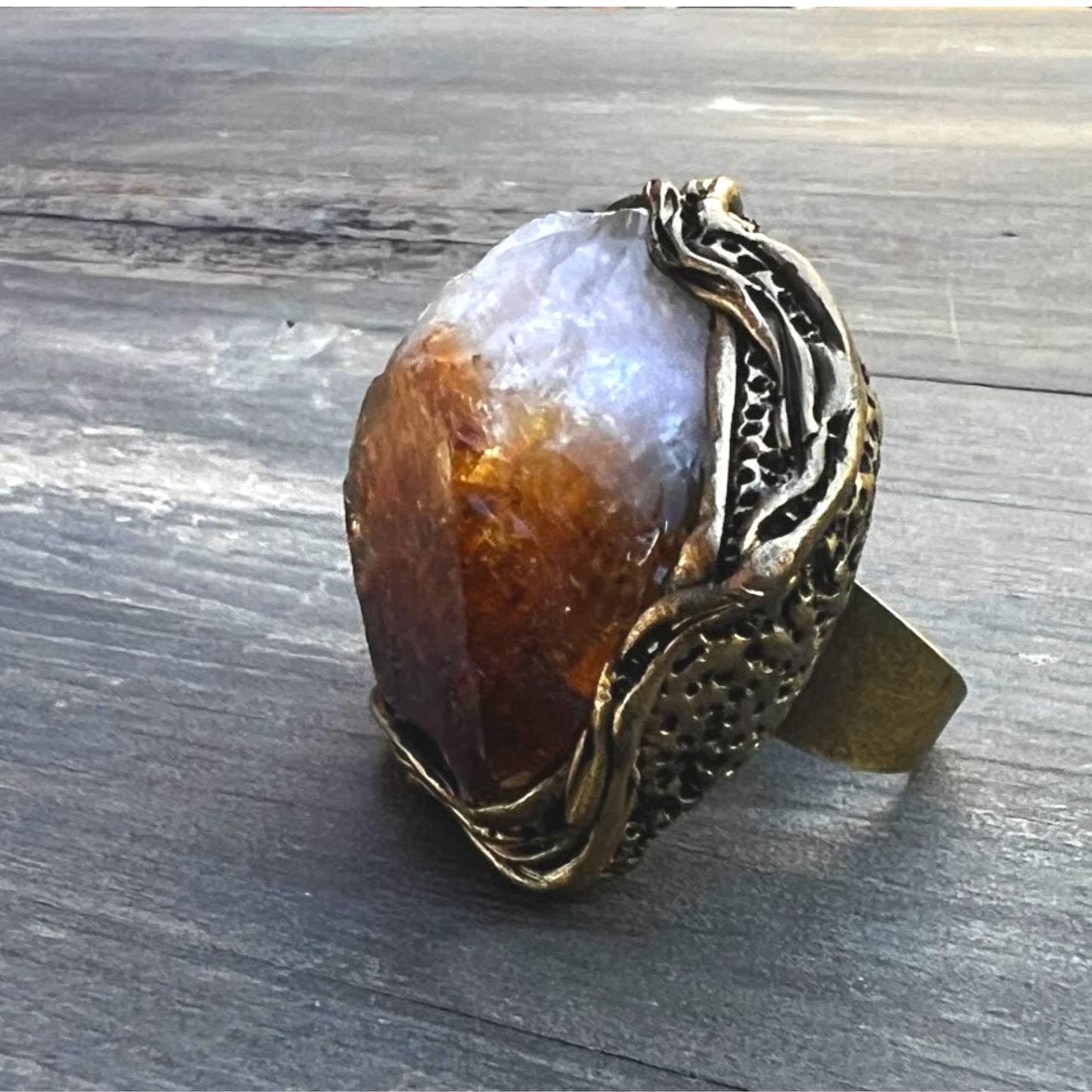 Large Citrine ring, big chunky stone ring, good luck ring