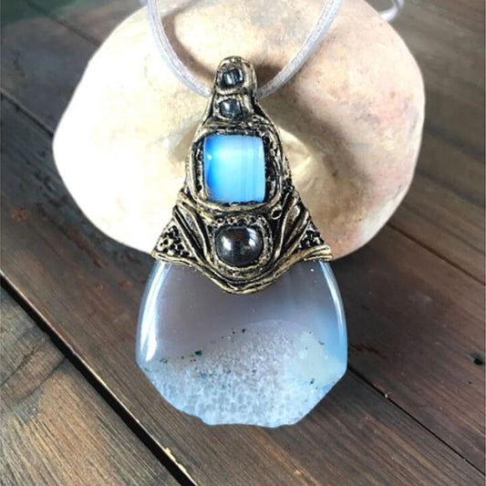 Large Chalcedony, Opal and Hematite pendant necklace