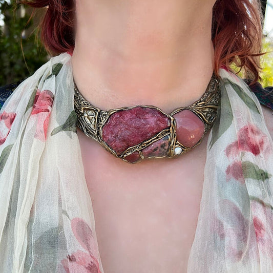 Chunky pink collar necklace, Rhodonite necklace, designer statement necklace, huge bib necklace