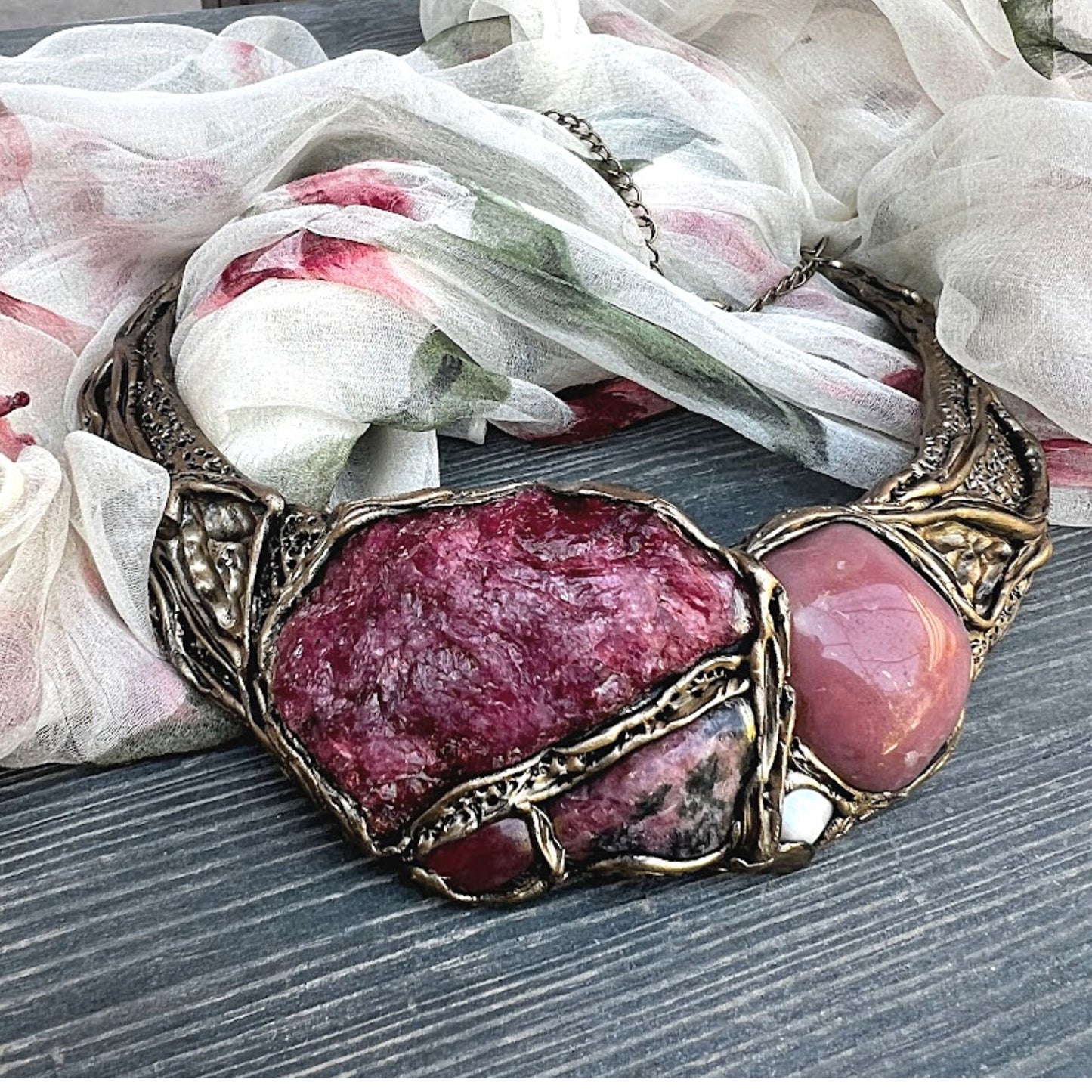 Chunky pink collar necklace, Rhodonite necklace, designer statement necklace, huge bib necklace