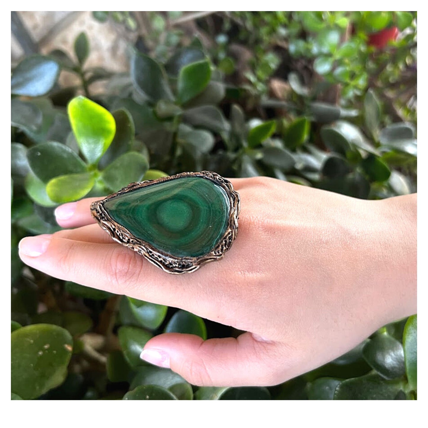 Malachite big ring for women, statement cocktail ring, oversize large green stone ring