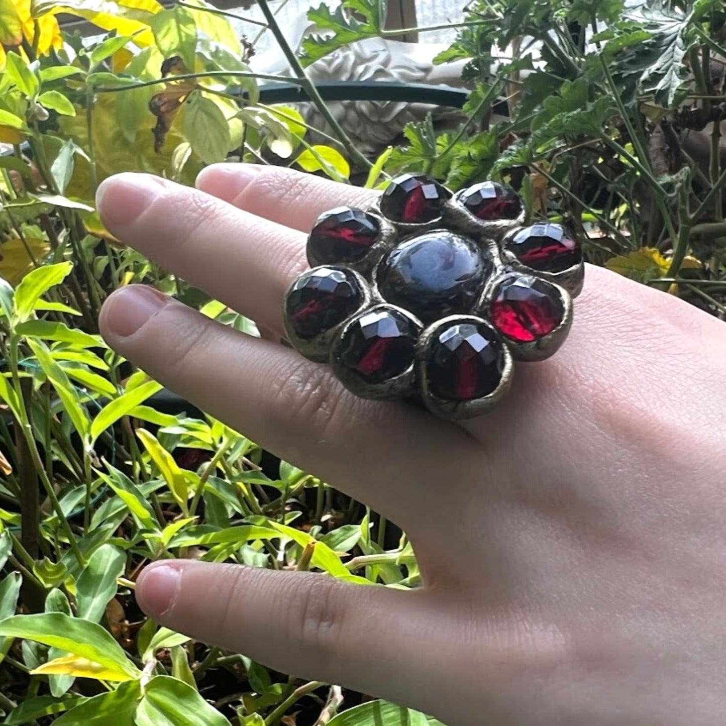 Statement Garnet ring, big chunky stone ring, raw crystal ring, large cocktail ring, huge flower ring