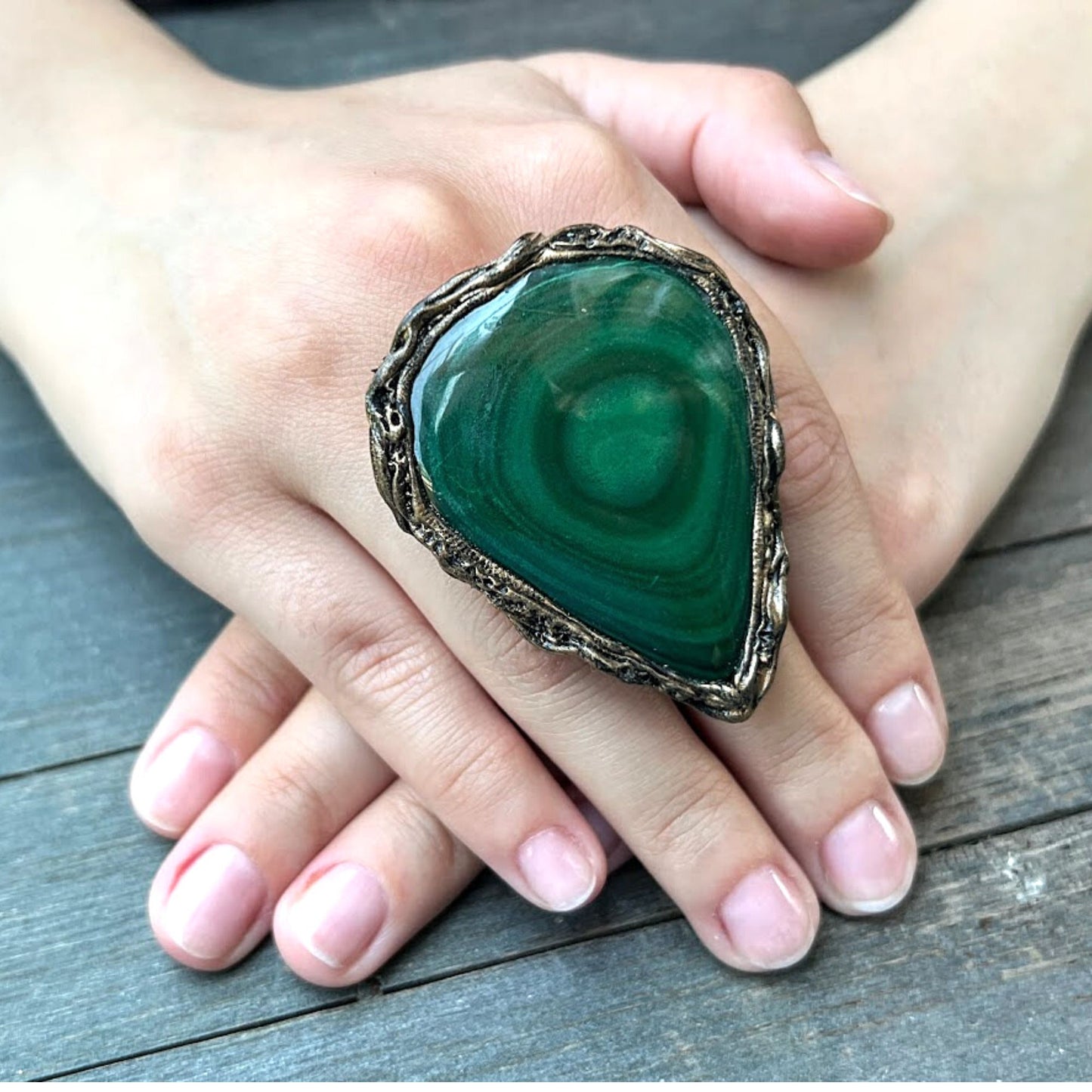 Malachite big ring for women, statement cocktail ring, oversize large green stone ring