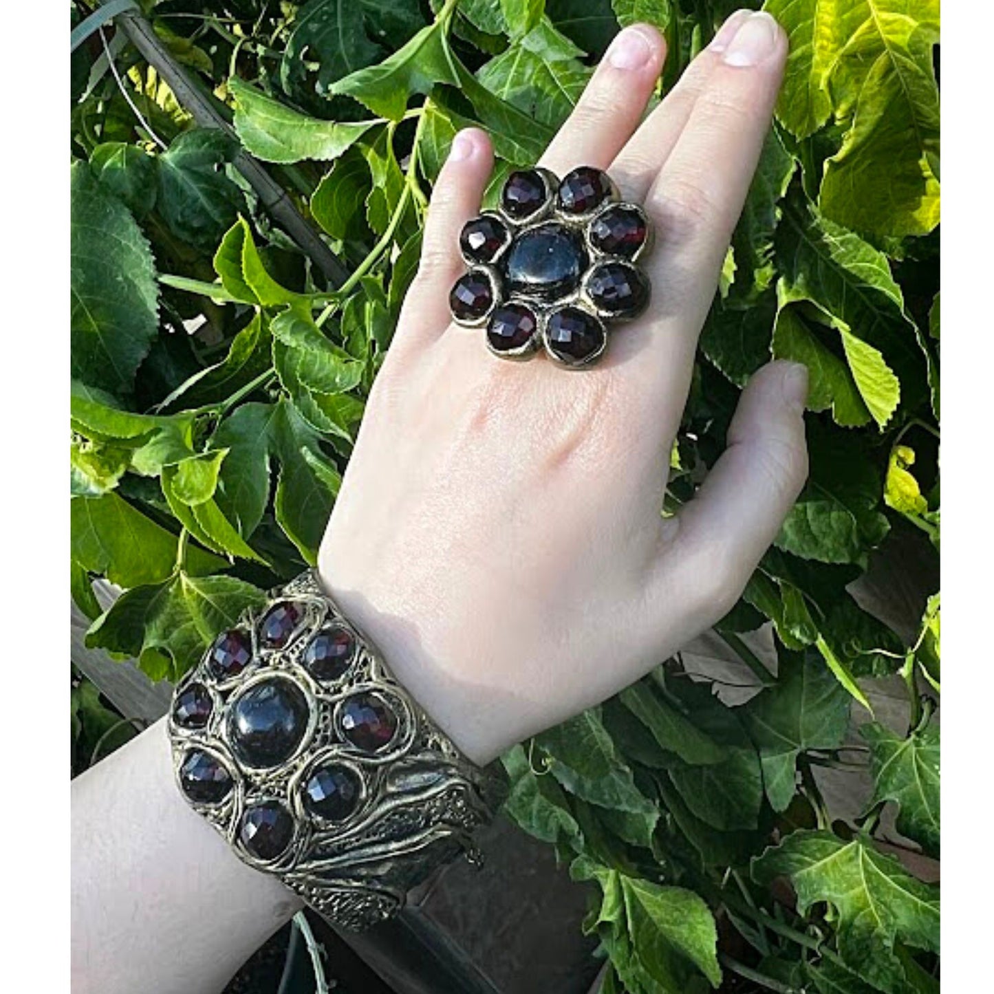 Statement Garnet ring, big chunky stone ring, raw crystal ring, large cocktail ring, huge flower ring