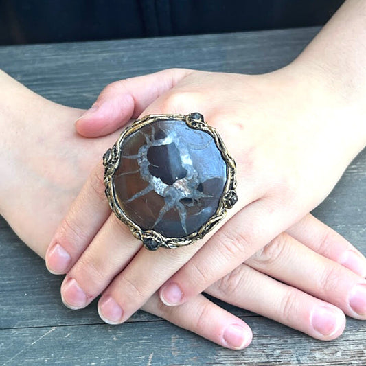 Chunky stone ring, oversized large round ring, brown cocktail ring, Septarian jewelry, huge rings