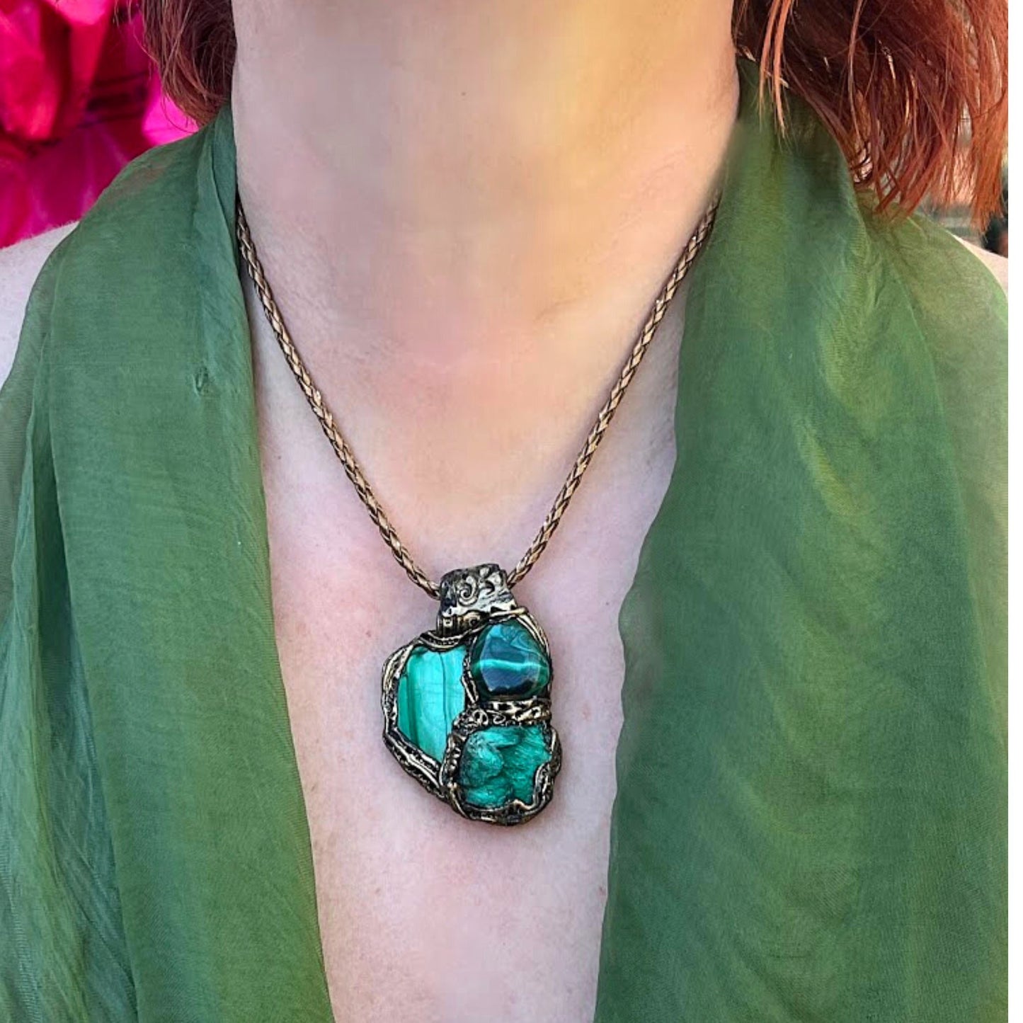 Malachite necklace, green Jade pendant, raw crystal necklace