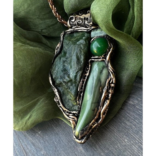 Green Jade & Buddstone necklace, raw stone necklace, large stone pendant