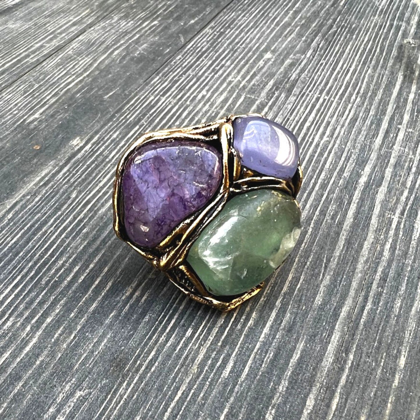 Chunky stone ring, Raw crystal ring, statement large cocktail ring, Chalcedony & Fluorite ring