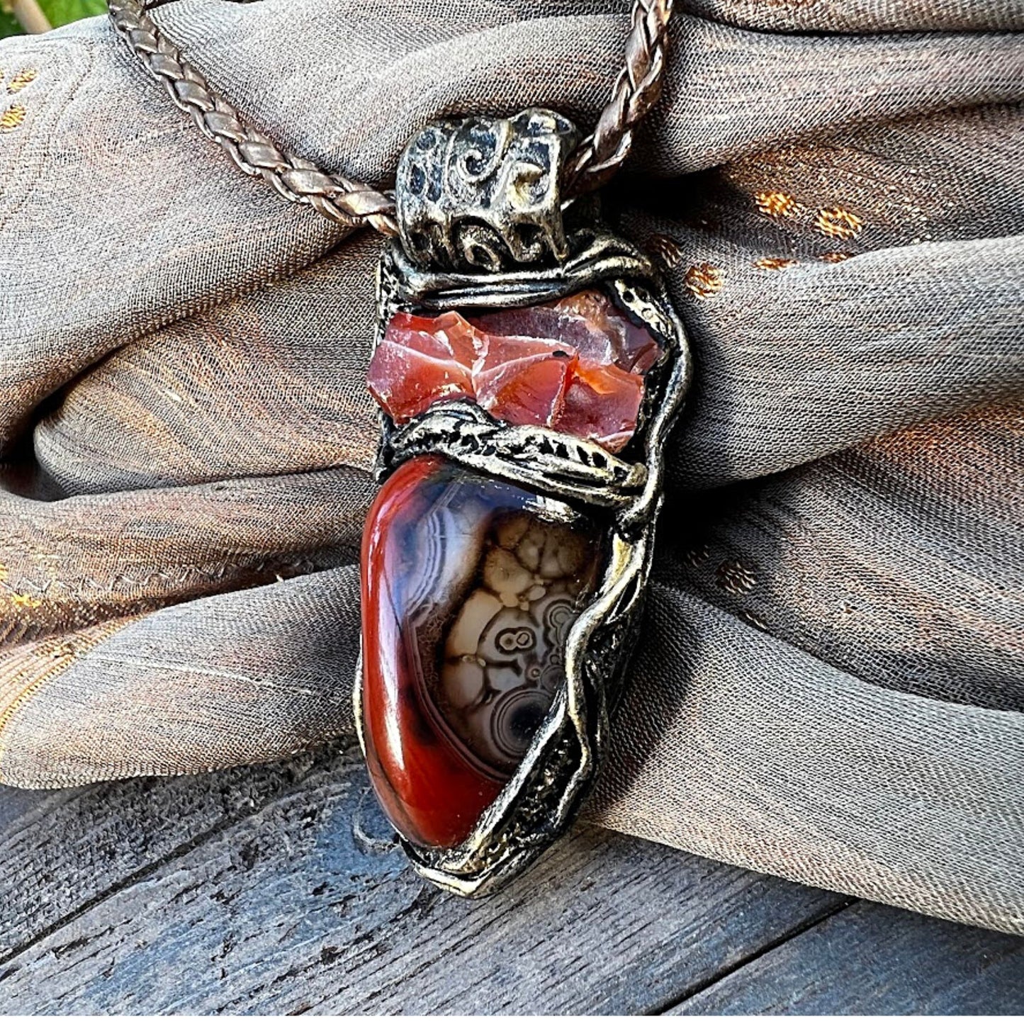 Carnelian pendant, raw crystal necklace, Botswana Agate large stone pendant