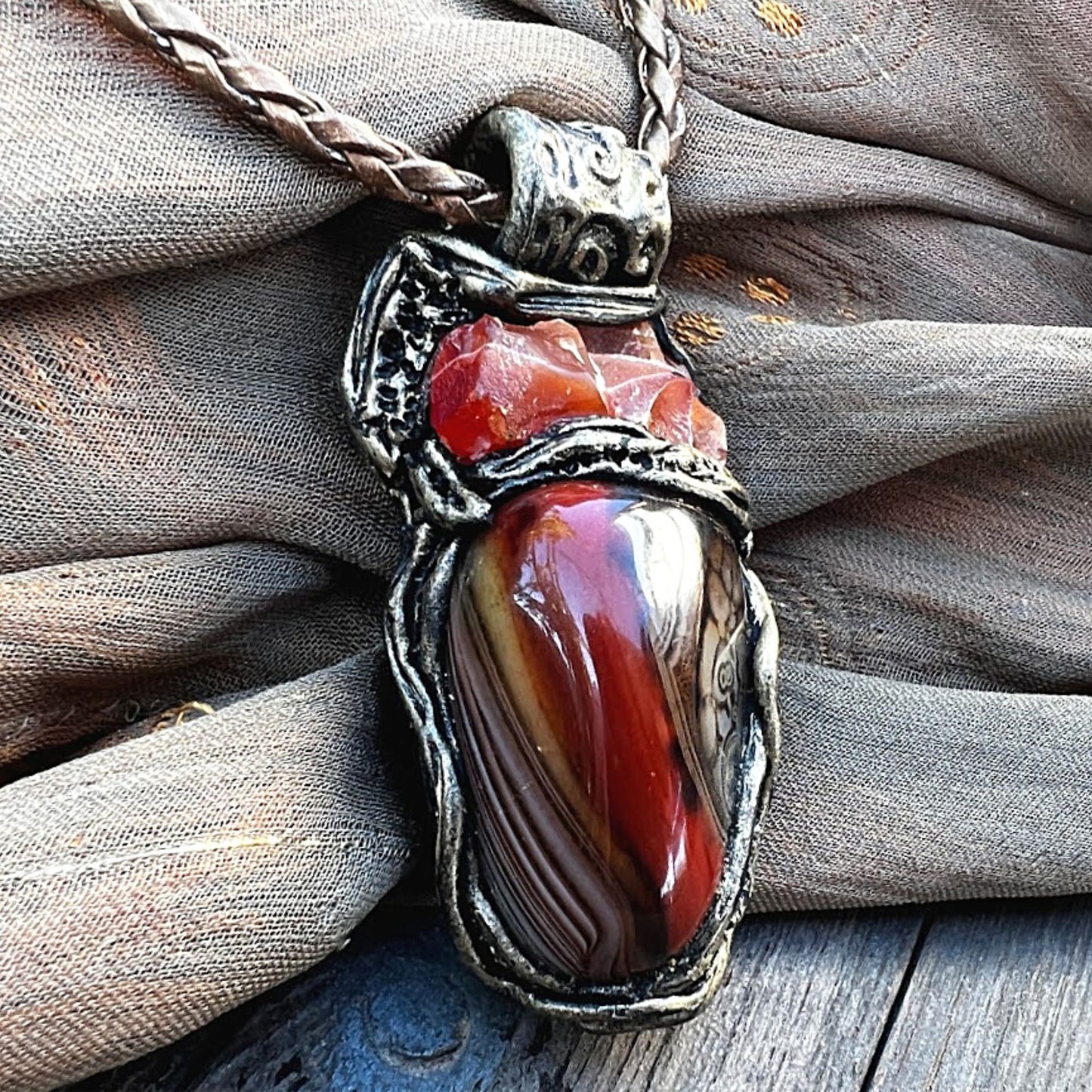 Carnelian pendant, raw crystal necklace, Botswana Agate large stone pendant