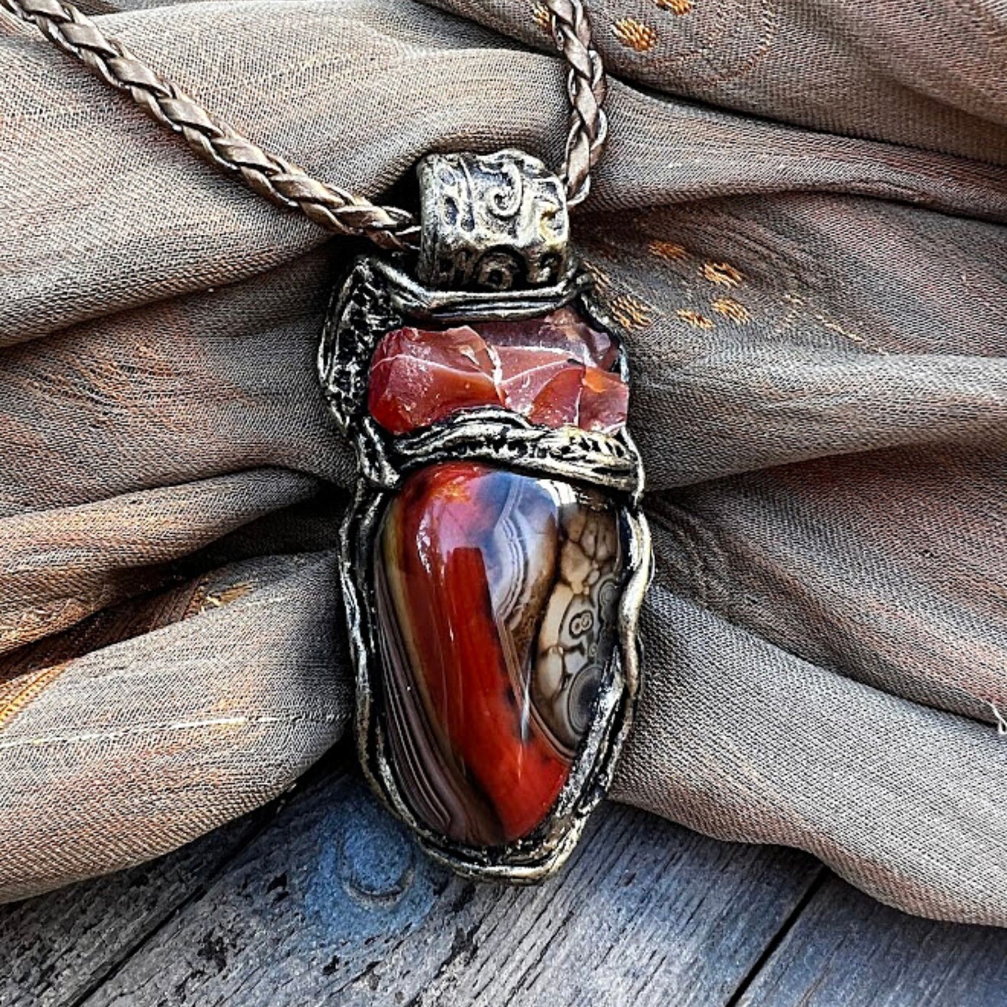 Carnelian pendant, raw crystal necklace, Botswana Agate large stone pendant