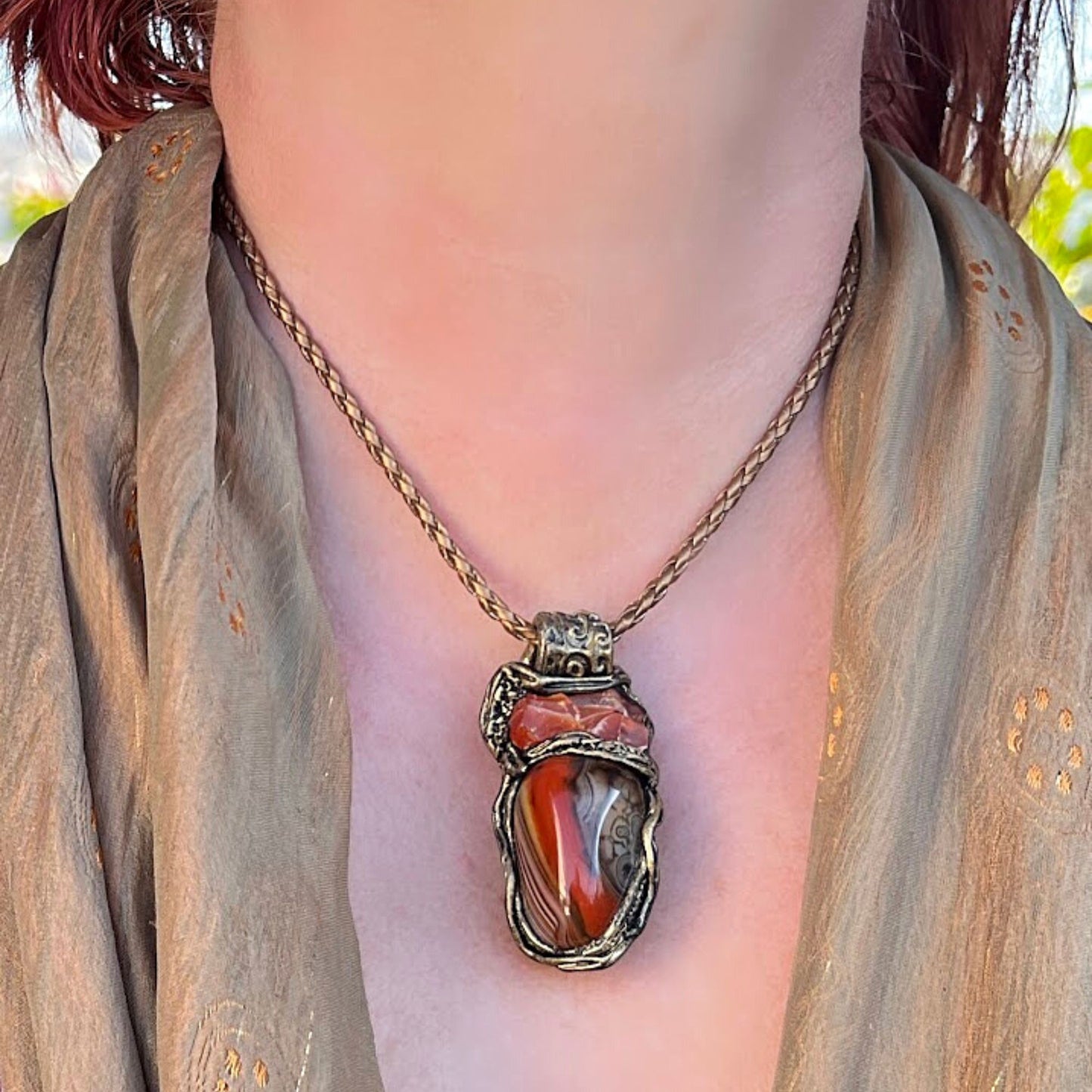 Carnelian pendant, raw crystal necklace, Botswana Agate large stone pendant