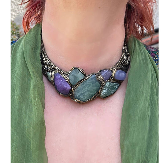 Chunky gemstone necklace, collar choker green purple necklace, Fluorite Calcite Aventurine statement bib necklace